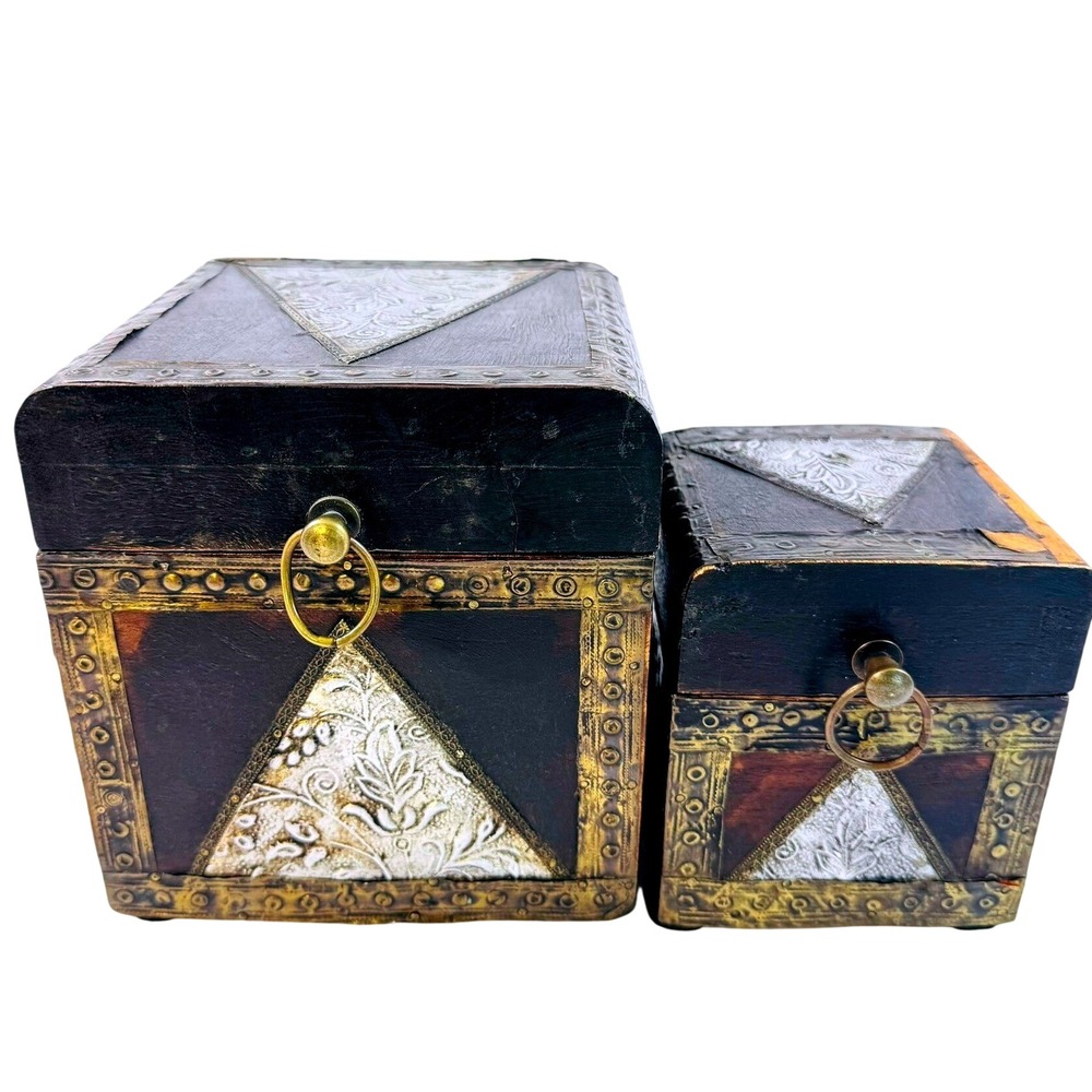 VTG Handmade Nesting Wooden Trinket Box Embossed Metal 2 pc Rustic Dark Academia